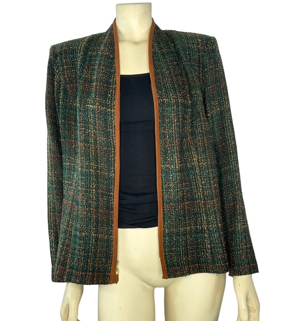 Vintage M.H.M. Melissa Harper collarless brown plaid woven blazer size 14